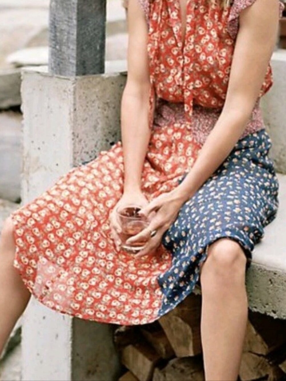 ANTHROPOLOGIE Meadow Rue Mixed Red Blue Floral Patchwork Skirt | SZ 2P